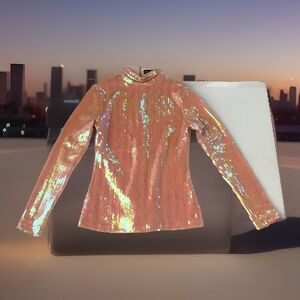 WAREHOUSE x ASHISH Women’s Pink Iridescent Sequin Mock Neck Top Long Sleeve 2